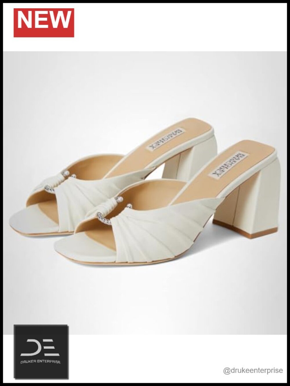 Badgley Mischka Vayla Ruched Block Heel Mule Sandal Leather Square Toe Slip On